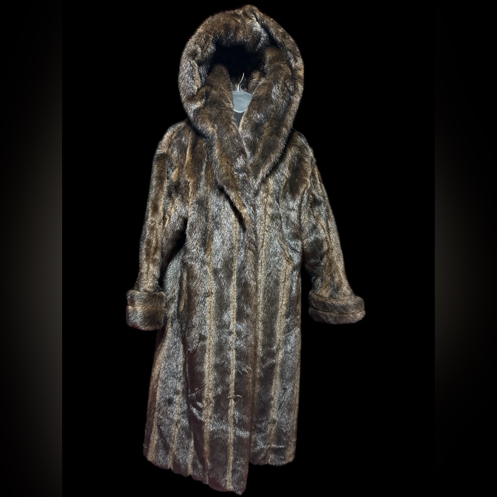 Tally Ho outerwear Luxurious Brown MINK Faux Fur Coat hooded full swing small M